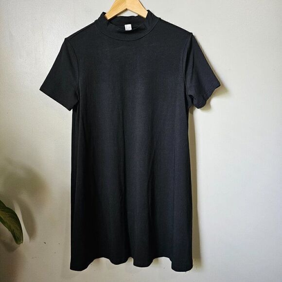EUC BLACK MINIMALIST MOCK NECK A LINE COTTON BLEND SHIRT DRESS SIZE L - Picture 1 of 13